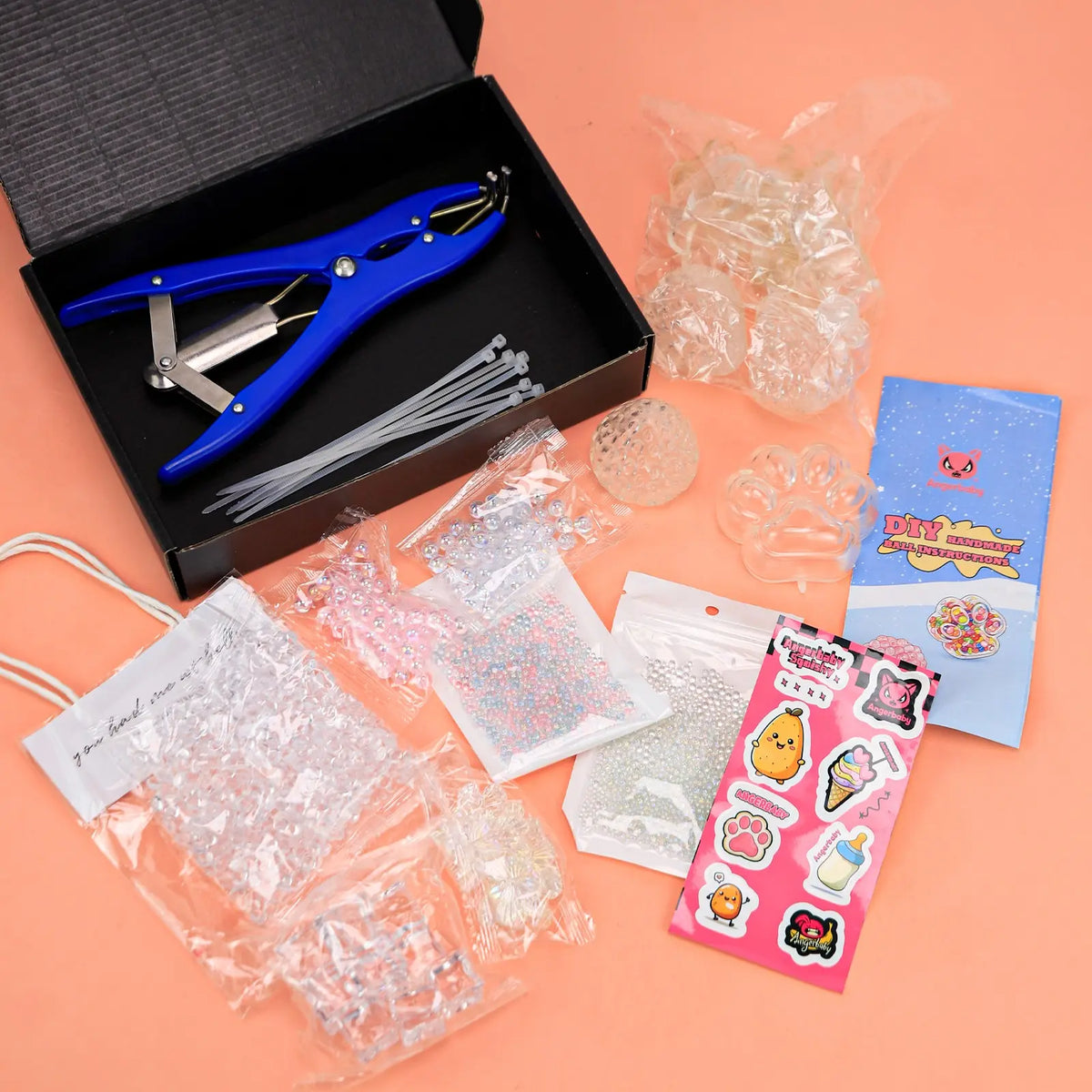 DIY Stress Ball Making Kit Handmade Ball (Shine Series) Crafts — Includes 7 varieties of bead fillings, 6 clear ball skins with stoppers, a filling expander with protective cap, and 8 cable ties