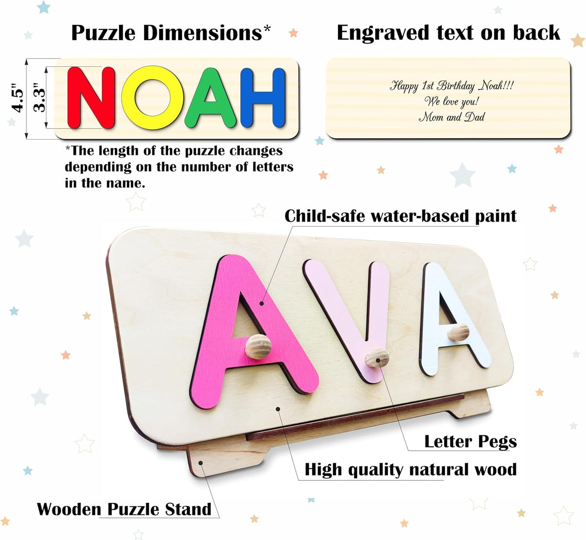 Personalized Wooden Name Puzzle for Kids with Extra-Large Letters Personalized Baby Name Puzzle for Toddlers Personalized Baby Gifts First Birthday Gift Wooden Puzzles Custom Toddler Learning