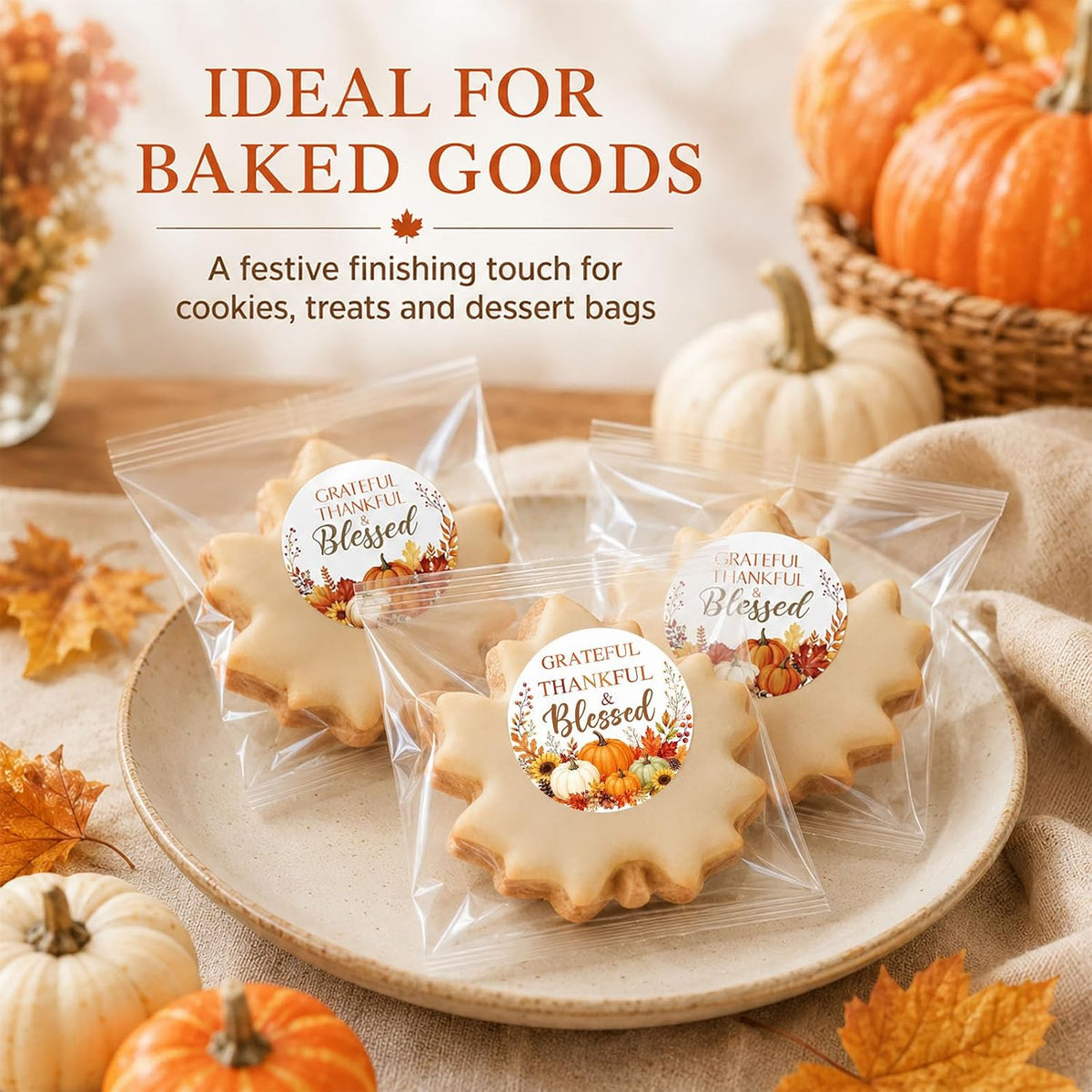 60 Pcs Grateful Thankful Blessed Stickers, Thanksgiving Harvest Labels with Pumpkin Design for Treat Bags, Gift Boxes, Envelopes, Friendsgiving Favors, Teachers & Hosts, 2 Inch