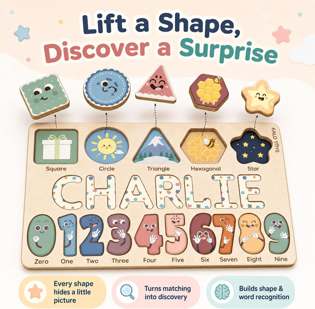 Personalized Name Puzzle for Toddlers 1-3 with Shapes & Numbers 0-9, Custom Wooden 3-in-1 Baby Name Puzzle for Boys and Girls, 1st Birthday, Montessori Learning Toy, CPC Certified