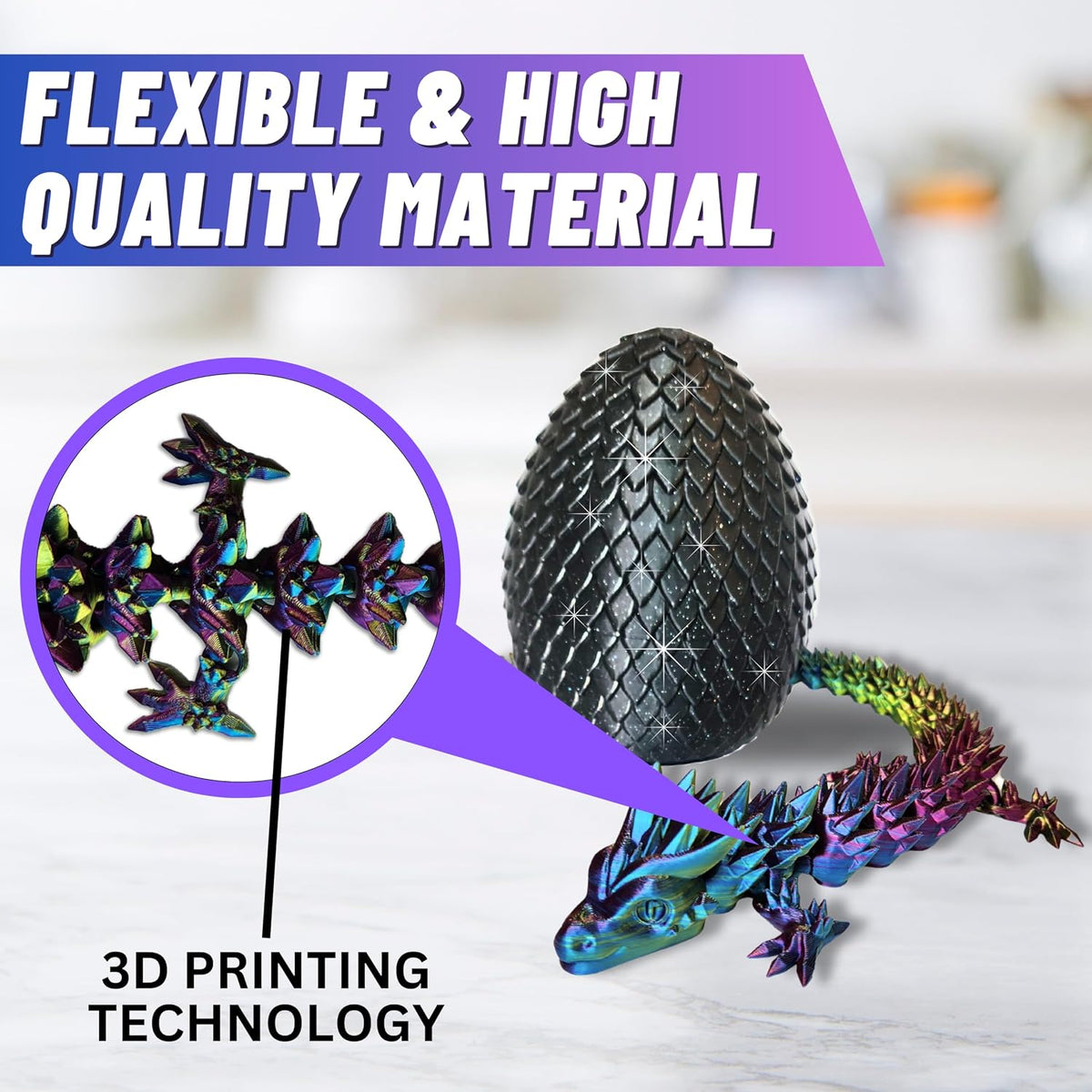 20" Articulated 3D Printed Dragon with Surprise Egg – Flexible Fidget Toy for Kids & Teens, Dragon Egg, Mythical Figurine (Rainbow with Black Egg)