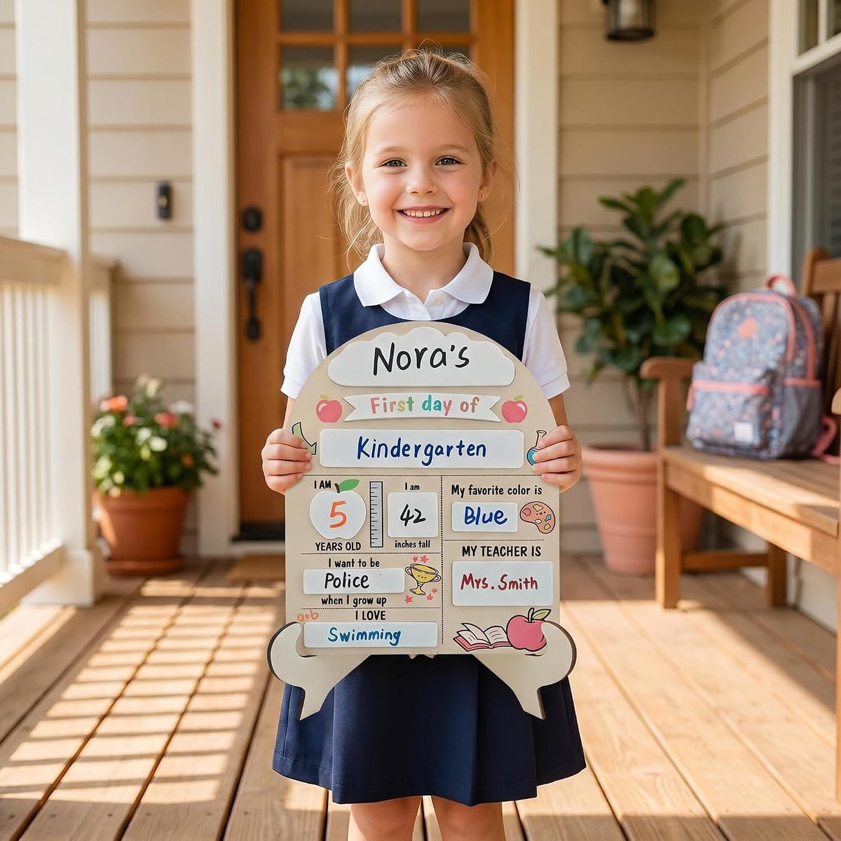 First Day of School Sign with Marker - Reusable Back to School Board, My First & Last Day of School Chalkboard for Preschool Pre-K Kindergarten, Easy to Write & Clean Wooden Photo Prop (Fist and Last)