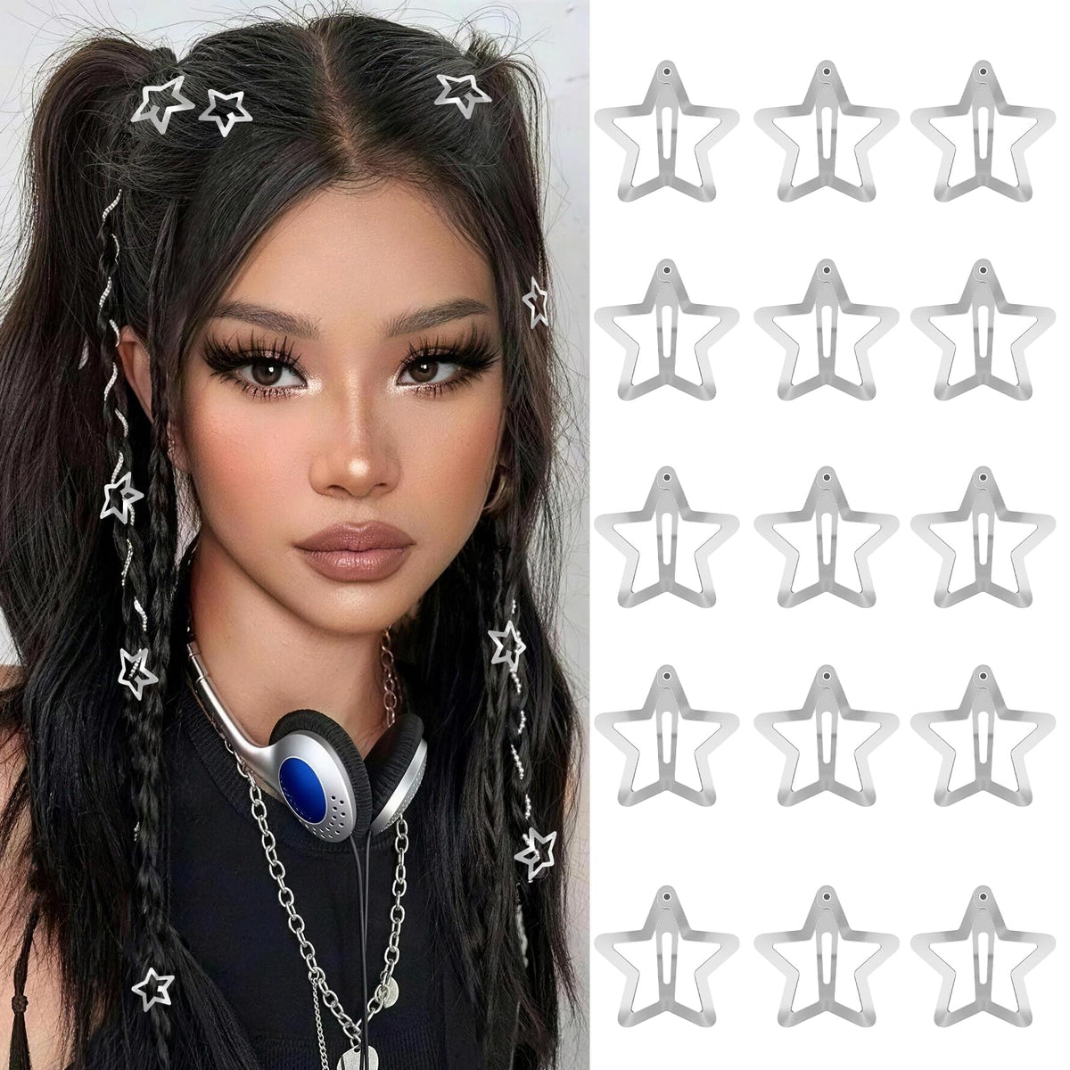 Star Hair Clips 2000s Y2K Snap Hair Barrettes Non Slip Star Hair Accessories Silver Metal Hair Clips for Girls Women -15 PCS 1.57"