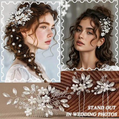 13PCS Bridal Hair Pins Comb Silver Pearl Rhinestone Wedding Women Hairpiece