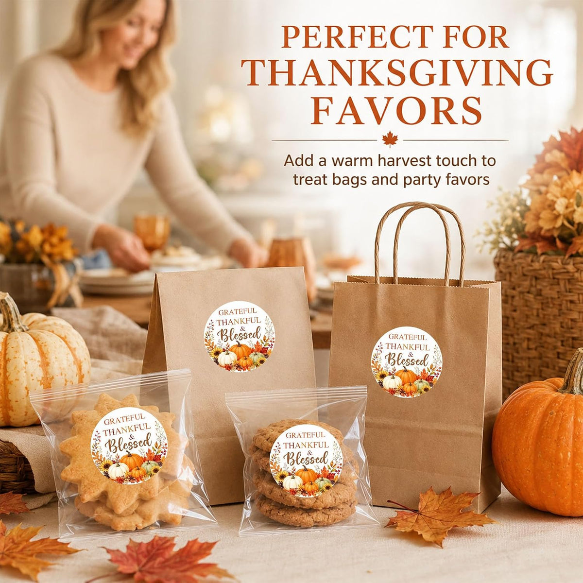 60 Pcs Grateful Thankful Blessed Stickers, Thanksgiving Harvest Labels with Pumpkin Design for Treat Bags, Gift Boxes, Envelopes, Friendsgiving Favors, Teachers & Hosts, 2 Inch