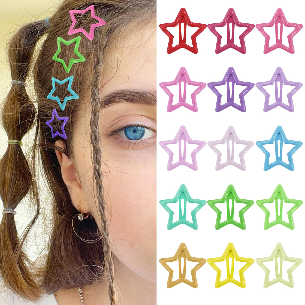 Star Hair Clips 2000s Y2K Snap Hair Barrettes Non Slip Star Hair Accessories Silver Metal Hair Clips for Girls Women -15 PCS 1.57"