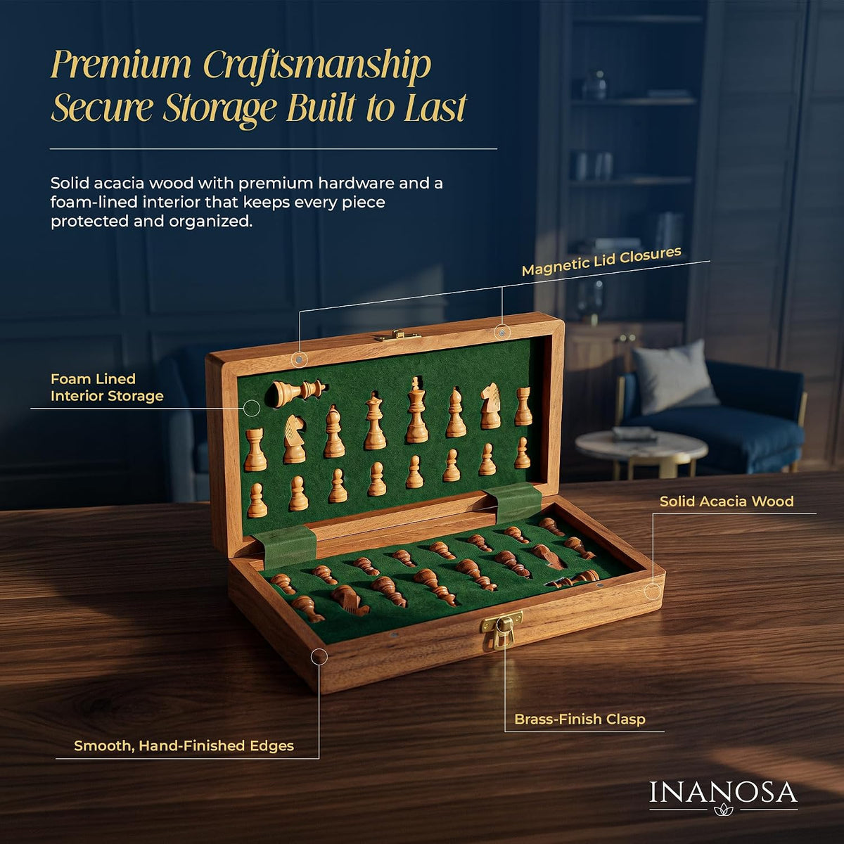 Magnetic Wooden Chess Set — 7 Inch Travel Folding Chess Board with Staunton Pieces & 2 Extra Queens — Handcrafted Acacia Wood — Travel Edition