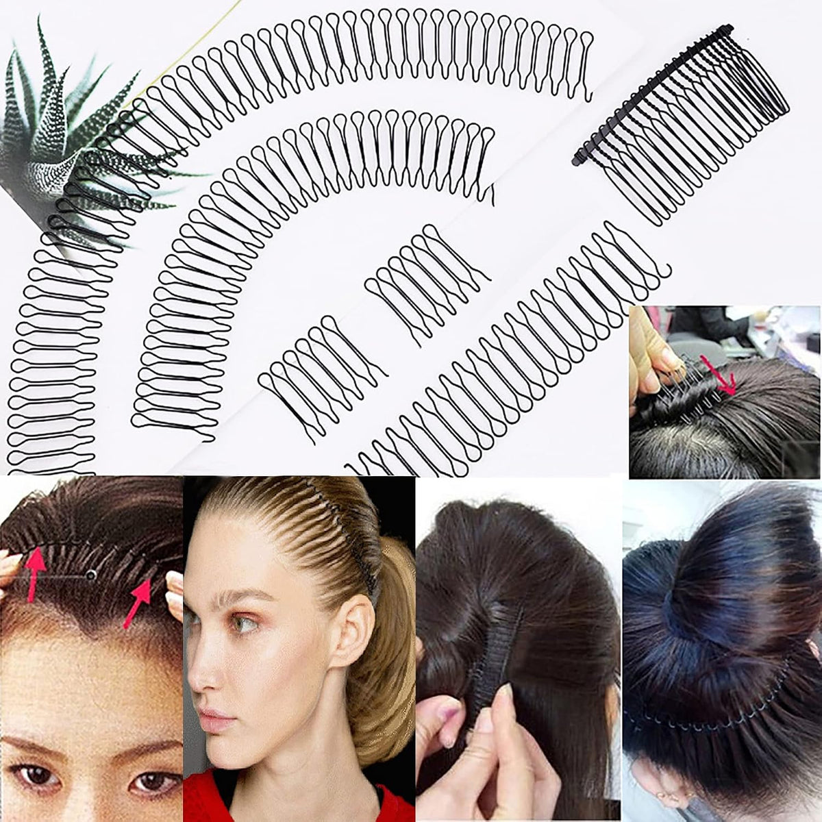 U Shape Hair Finishing Fixer Comb, 6 Pieces Bobby Bangs Holder Styling Tool Stretchable Hair Pin U Shape Wavy Comb Clips Spring Headband Circle Styling Black Pins Bun Hairpins for Women Girl