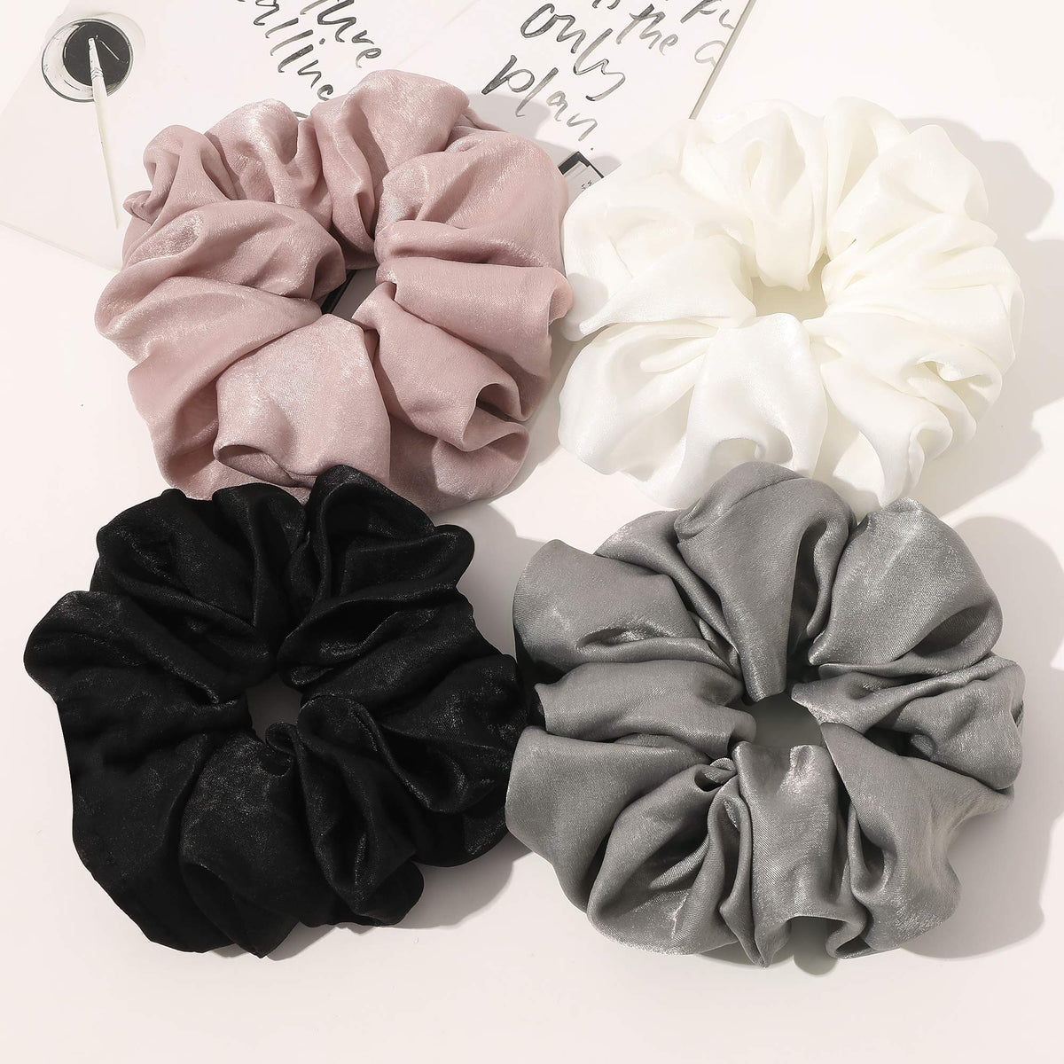 Ivyu Scrunchies Hair Ties, Big Large Scrunchie for Girls Women, Cute Hairties Jumbo Scrunchy For Thick Curl Hair No Crease Hair Accessories Soft Ropes Ponytail Holder, 4 Count, Black, Brown, Beige