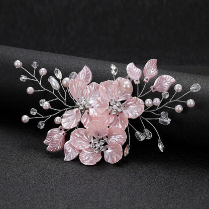 Bride Pearl Flower Hair Comb for Women and Girls, Wedding Floral Rhinestone Bridal Hair Piece Side Combs Hair Accessories for Wedding Party Daily (Pink)