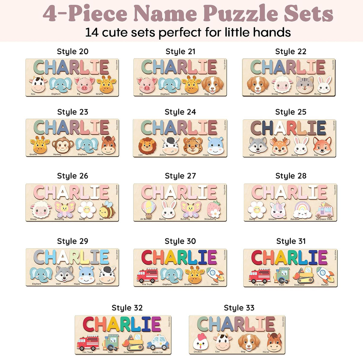 KALOTOYS Personalized Name Puzzle for Toddlers 1-3 | Custom Wooden Animal & Vehicle Puzzle for Boys & Girls | Handmade Montessori Toy, Keepsake & Perfect 1st Birthday Gift, CPC Certified