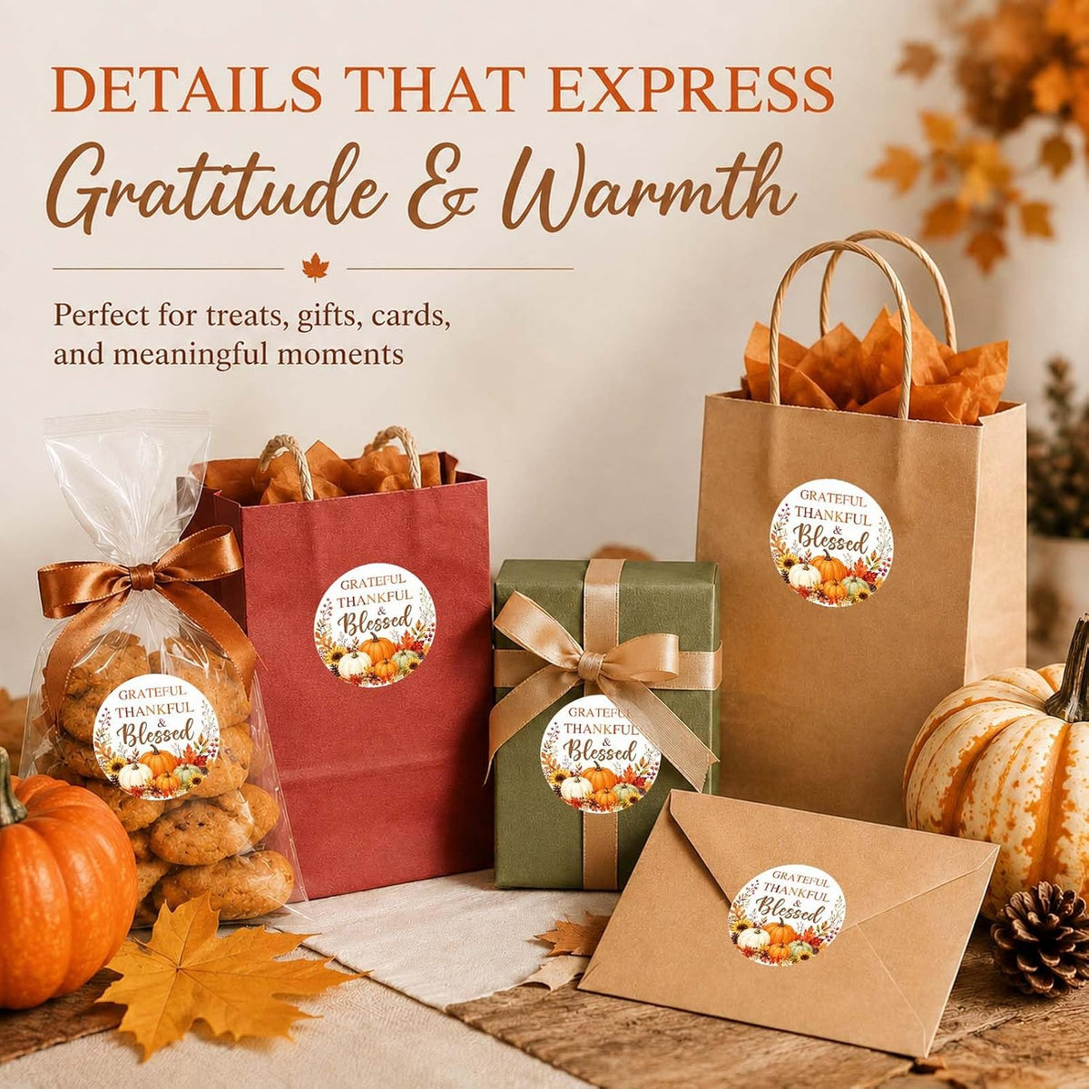 60 Pcs Grateful Thankful Blessed Stickers, Thanksgiving Harvest Labels with Pumpkin Design for Treat Bags, Gift Boxes, Envelopes, Friendsgiving Favors, Teachers & Hosts, 2 Inch