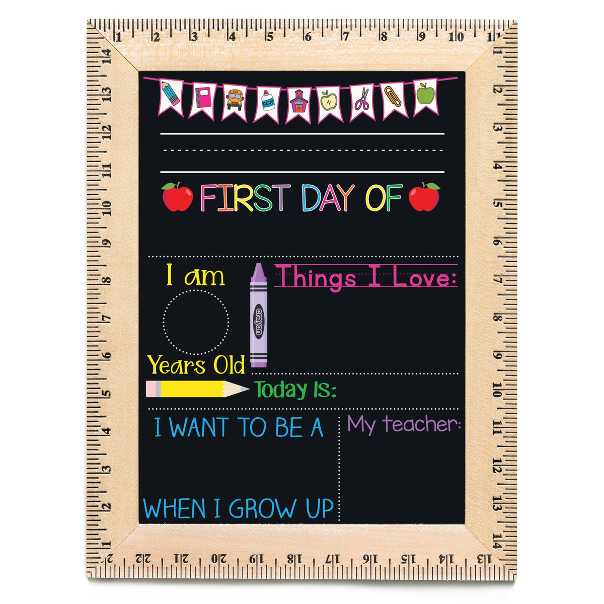 Bloom Owl First Day of School Chalkboard Sign - 11.5"x15" Reusable Back to School Photo Prop with Wooden Ruler Frame for Preschool, Kindergarten, and Beyond (Green Crayon)
