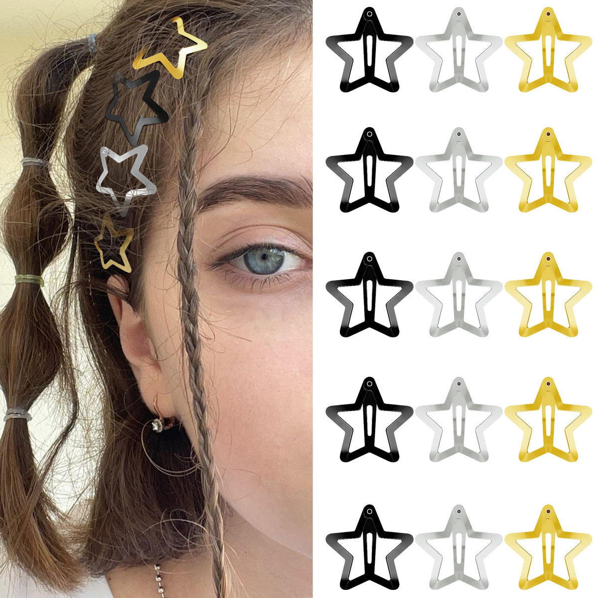 Star Hair Clips 2000s Y2K Snap Hair Barrettes Non Slip Star Hair Accessories Silver Metal Hair Clips for Girls Women -15 PCS 1.57"
