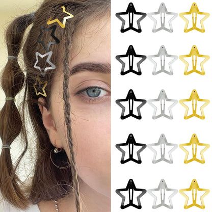 Star Hair Clips 2000s Y2K Snap Hair Barrettes Non Slip Star Hair Accessories Silver Metal Hair Clips for Girls Women -15 PCS 1.57"