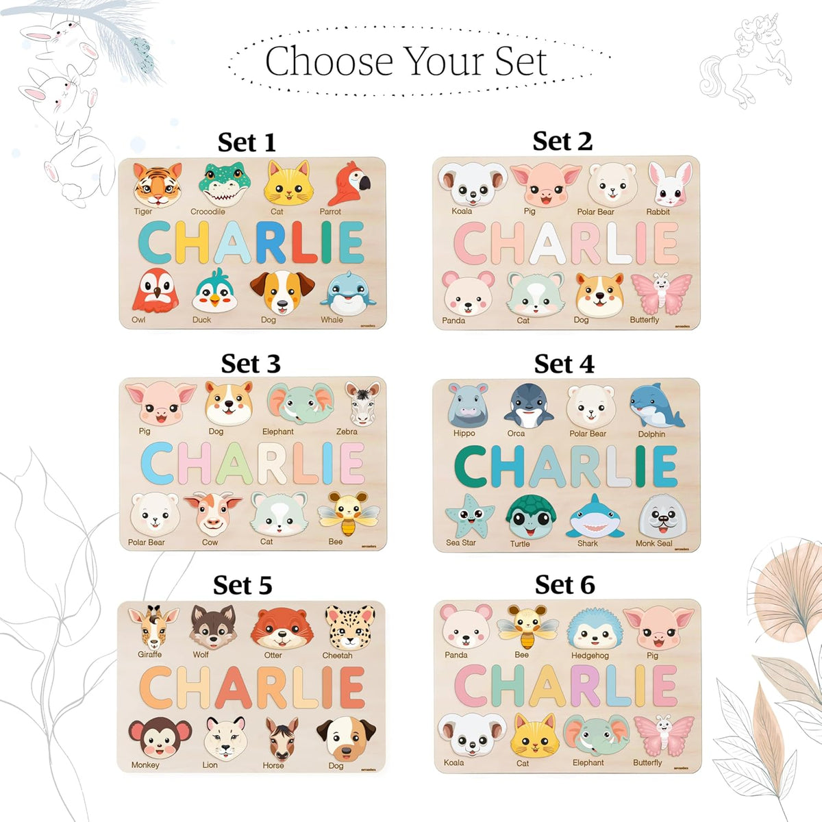 Custom Baby Name Puzzle with Animals, Baby Girl and Boy Gift, Personalized Puzzles for Toddlers, 3 6 9 12 15 18 24 36 Months Toy, Custom Babys Gift, Boy and Girl Personalized Wood Toy