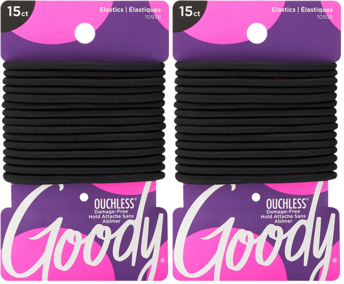 Goody Ouchless Hair Elastics – No Pull, No Breakage, Tangle-Free Hold for Thick, Curly, Coily & Textured Hair – 15 Count, Black, Long-Lasting Ponytail Holders for Women & Men