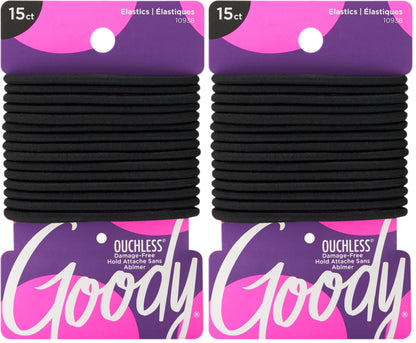 Goody Ouchless Hair Elastics – No Pull, No Breakage, Tangle-Free Hold for Thick, Curly, Coily & Textured Hair – 15 Count, Black, Long-Lasting Ponytail Holders for Women & Men