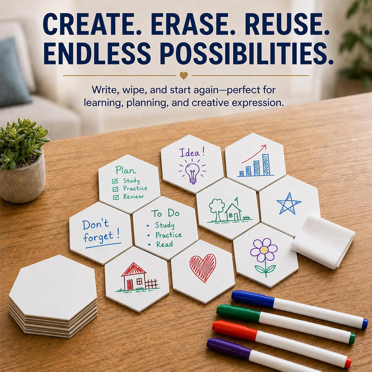 Dry Erase Hexagon Tiles, 25 PCS 2-Sided Blank Hex Game Board Pieces