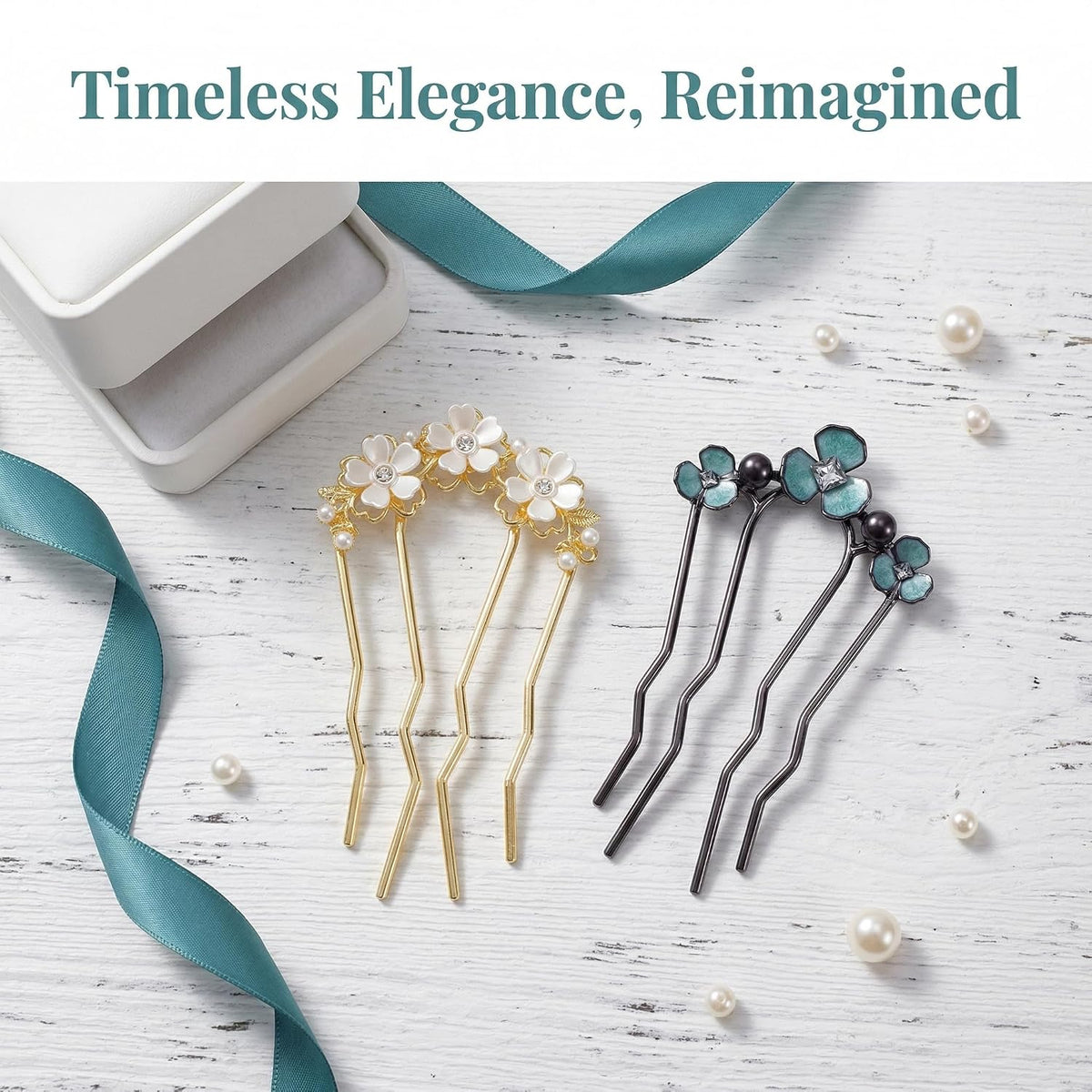 SmallCat 2 Pcs Pearl U Shaped Hair Pins for Buns, Black & Gold