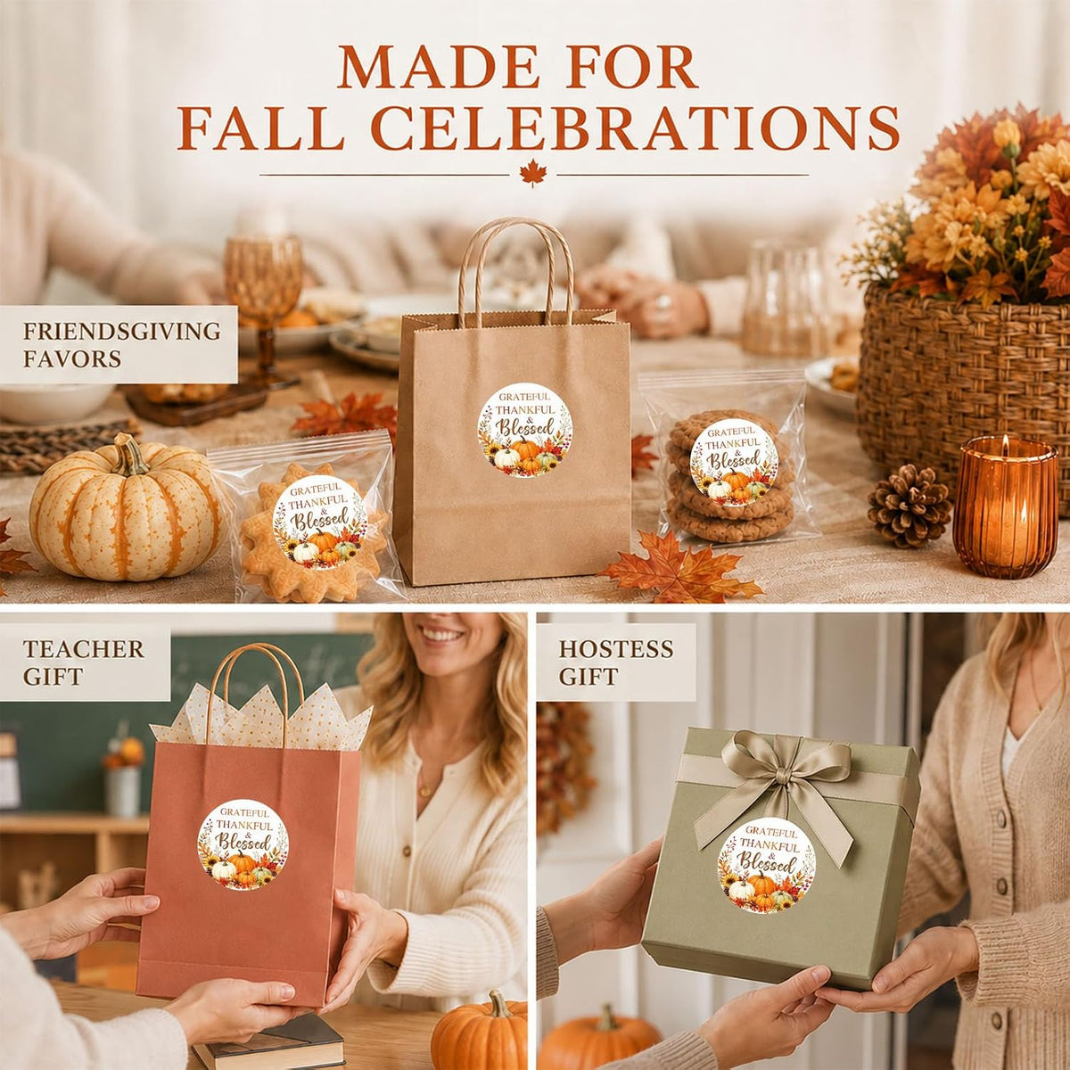 60 Pcs Grateful Thankful Blessed Stickers, Thanksgiving Harvest Labels with Pumpkin Design for Treat Bags, Gift Boxes, Envelopes, Friendsgiving Favors, Teachers & Hosts, 2 Inch