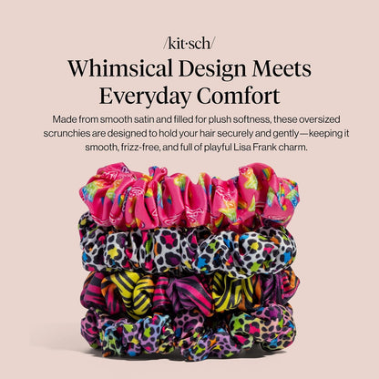 Lisa Frank x Kitsch Ruched Satin Scrunchies for Women- Rainbow Leopard 4pcs