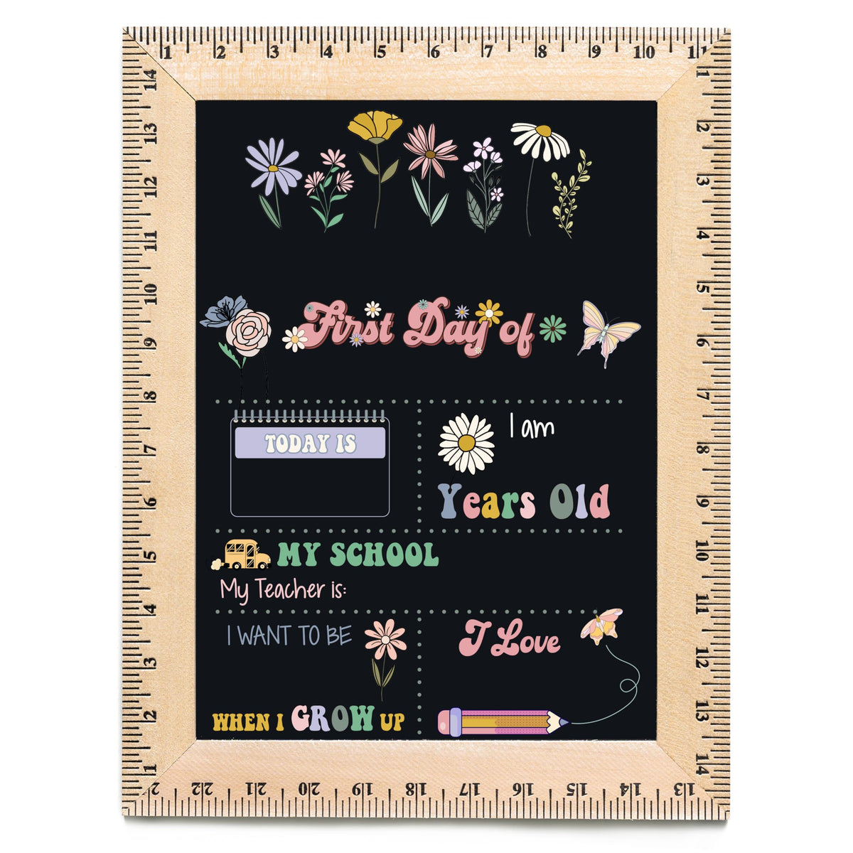 Bloom Owl First Day of School Chalkboard Sign - 11.5"x15" Reusable Back to School Photo Prop with Wooden Ruler Frame for Preschool, Kindergarten, and Beyond (Green Crayon)