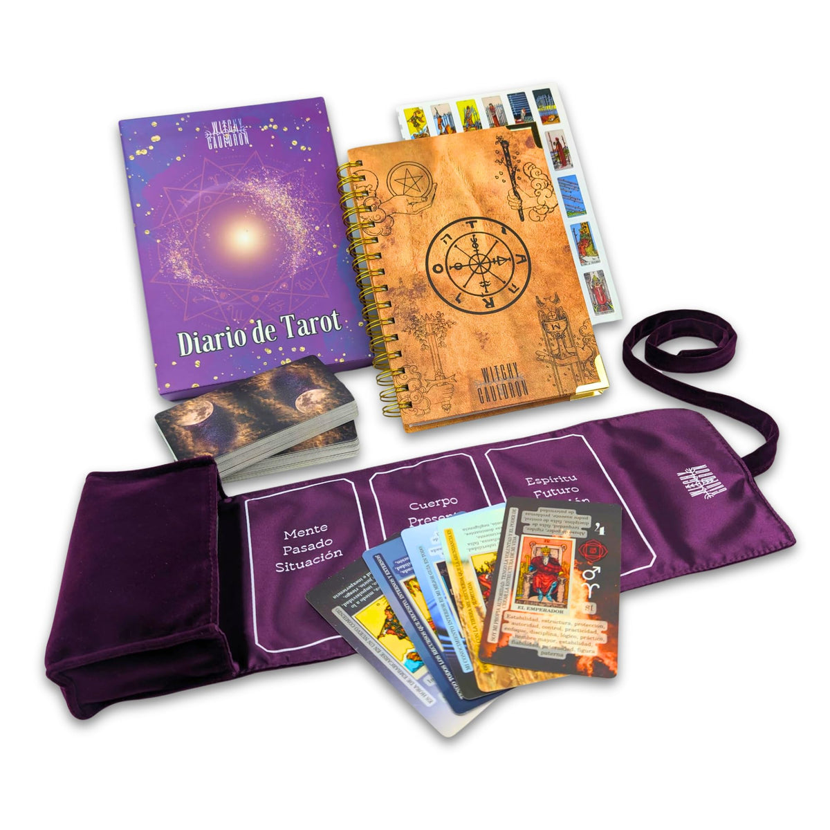Witchy Cauldron Tarot Learning Kit in Spanish – Cartas de Tarot para Principiantes – Includes Spanish Deck, Journal, Wrap, Stickers – Ideal for Beginners and Enthusiasts (Azul)
