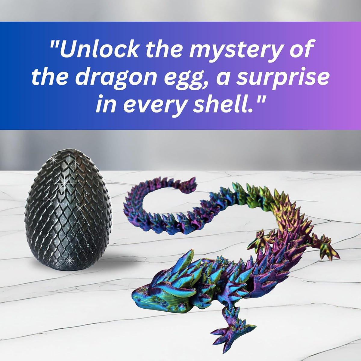 20" Articulated 3D Printed Dragon with Surprise Egg – Flexible Fidget Toy for Kids & Teens, Dragon Egg, Mythical Figurine (Rainbow with Black Egg)
