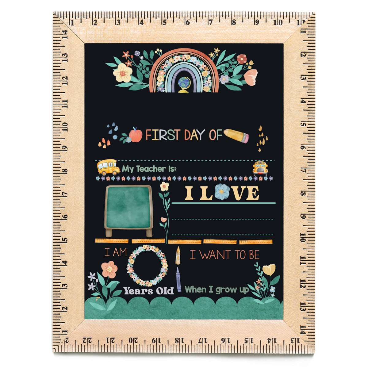Bloom Owl First Day of School Chalkboard Sign - 11.5"x15" Reusable Back to School Photo Prop with Wooden Ruler Frame for Preschool, Kindergarten, and Beyond (Green Crayon)