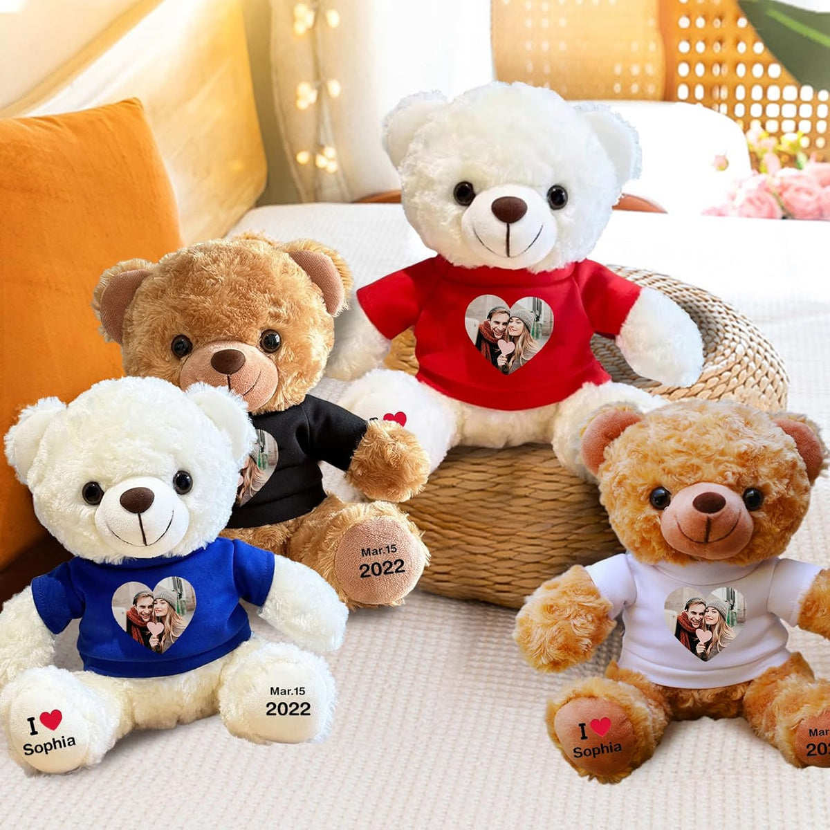 Personalized Bear Stuffed Animal with Picture Text Date, 11 Inch Customized Teddy Bear Plush Toys, Gift for Girlfriend, Boyfriend, Birthday, Anniversary, Valentines (Red Hoodie