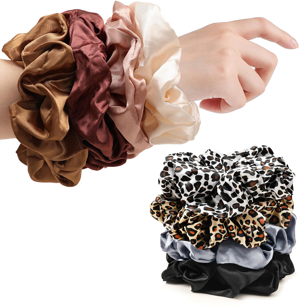 Ivyu Scrunchies Hair Ties, Big Large Scrunchie for Girls Women, Cute Hairties Jumbo Scrunchy For Thick Curl Hair No Crease Hair Accessories Soft Ropes Ponytail Holder, 4 Count, Black, Brown, Beige