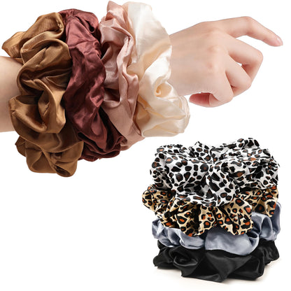 Ivyu Scrunchies Hair Ties, Big Large Scrunchie for Girls Women, Cute Hairties Jumbo Scrunchy For Thick Curl Hair No Crease Hair Accessories Soft Ropes Ponytail Holder, 4 Count, Black, Brown, Beige