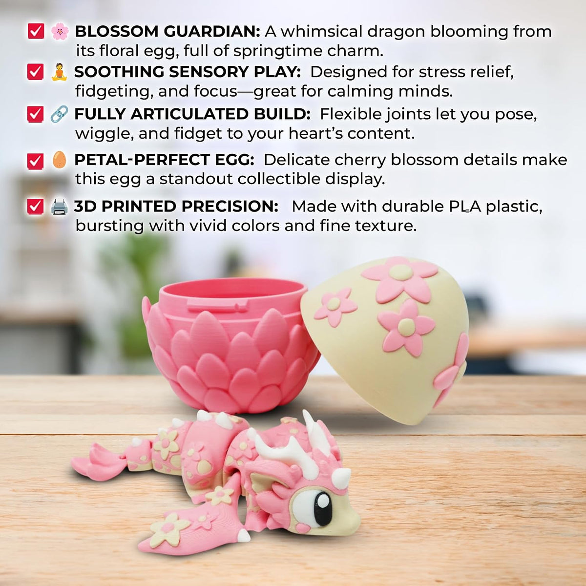 Articulated Dragon with Egg, 3D Printed Toy, Flexible Fidget Figure, 3D Dragon Egg, Desk Pet, Home Decor, Birthday Gift for Kids, Easter Basket Toy, Collectible Figure (Cherry Blossom)