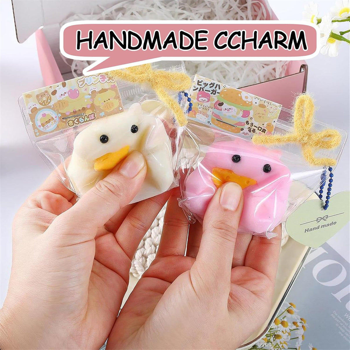 2PCS QCROAD SQUISHY Handmade Taba Hamster Squishy Squeeze Toys - Ultra Soft Silicone Animal Squishies for Kids & Adults, Reusable Non-Violent Squishy Toys for Stress Relief & Relaxation （White&Pink）