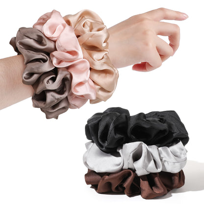Ivyu Scrunchies Hair Ties, Big Large Scrunchie for Girls Women, Cute Hairties Jumbo Scrunchy For Thick Curl Hair No Crease Hair Accessories Soft Ropes Ponytail Holder, 4 Count, Black, Brown, Beige