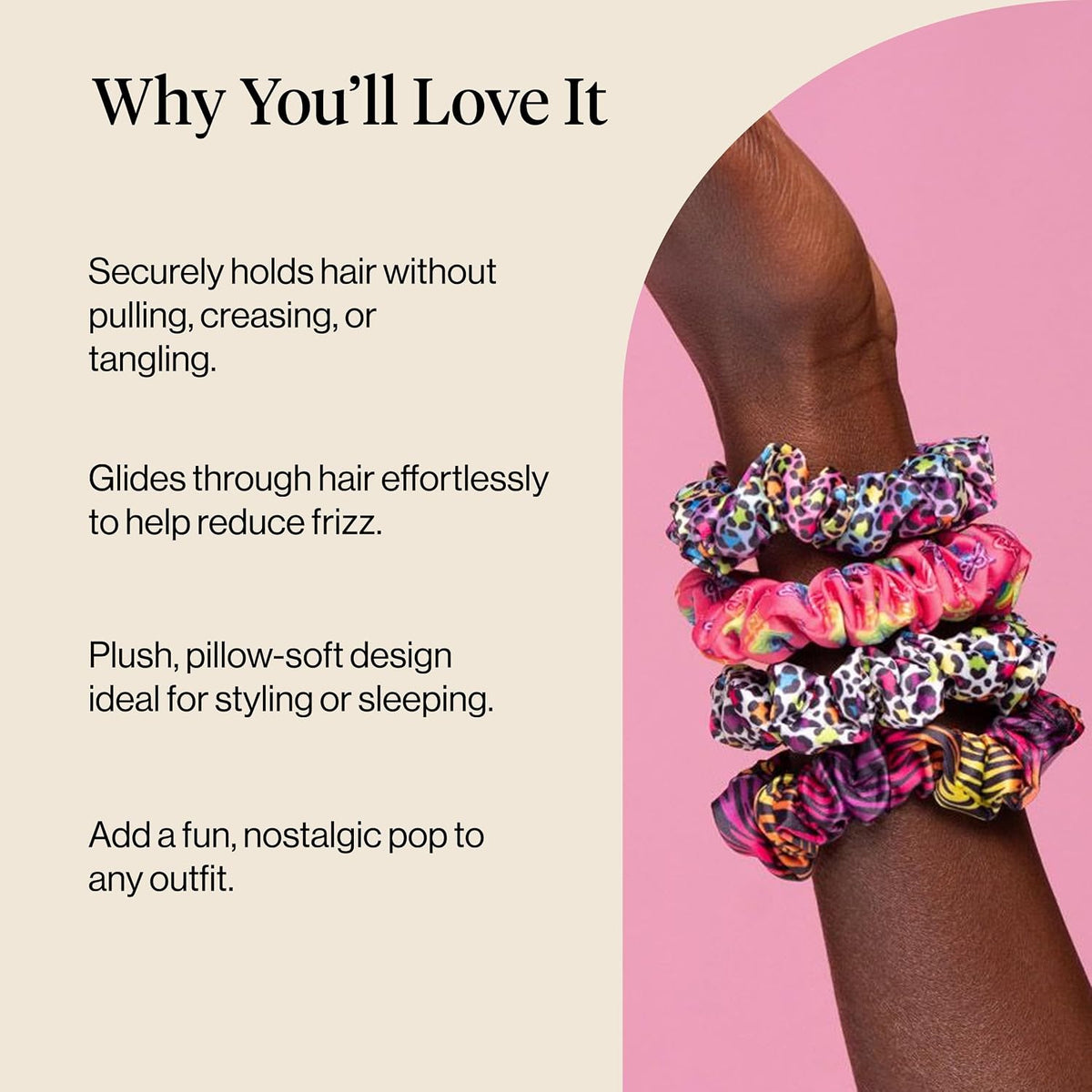 Lisa Frank x Kitsch Ruched Satin Scrunchies for Women- Rainbow Leopard 4pcs