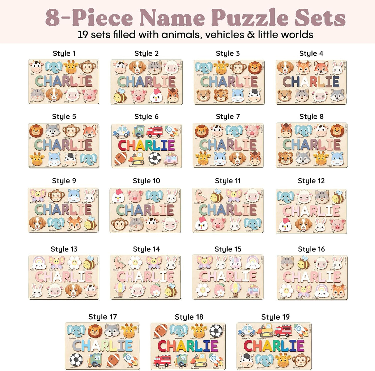 KALOTOYS Personalized Name Puzzle for Toddlers 1-3 | Custom Wooden Animal & Vehicle Puzzle for Boys & Girls | Handmade Montessori Toy, Keepsake & Perfect 1st Birthday Gift, CPC Certified