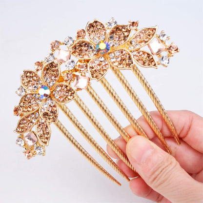 Women Rhinestone Inlaid Flower Hair Comb Hairpin Barrette Accessory,Also Perfect Mother's Day Gifts for Mom (Champagne)