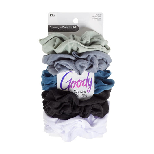 Goody Ouchless Scrunchies for Women - 12 Ct, Assorted Cool Tones, Damage-Free & Secure Hold Hair Ties, Gentle Hair Accessories for Women & Men, All Day Comfort, All Hair Types