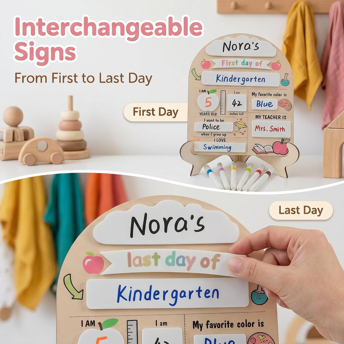 First Day of School Sign with Marker - Reusable Back to School Board, My First & Last Day of School Chalkboard for Preschool Pre-K Kindergarten, Easy to Write & Clean Wooden Photo Prop (Fist and Last)
