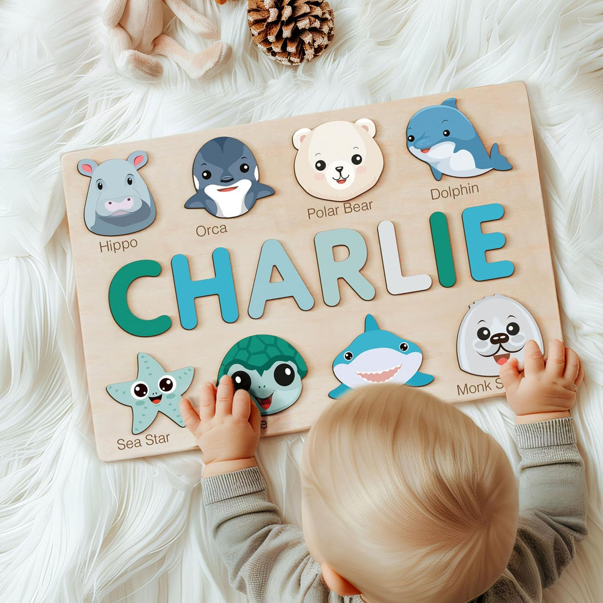Custom Baby Name Puzzle with Animals, Baby Girl and Boy Gift, Personalized Puzzles for Toddlers, 3 6 9 12 15 18 24 36 Months Toy, Custom Babys Gift, Boy and Girl Personalized Wood Toy