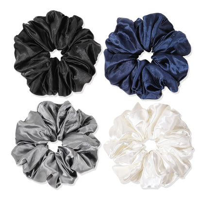 Ivyu Scrunchies Hair Ties, Big Large Scrunchie for Girls Women, Cute Hairties Jumbo Scrunchy For Thick Curl Hair No Crease Hair Accessories Soft Ropes Ponytail Holder, 4 Count, Black, Brown, Beige