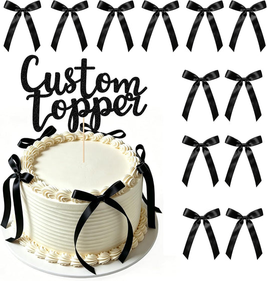 EDSG 30 Pack Bows Custom Cake Topper, Personalized Double Sided Glitter Cake Topper with Any Text Numbers, 11 Colours for Birthday Wedding Anniversary Graduation Baby Shower (with 30 Pcs Black Bow)