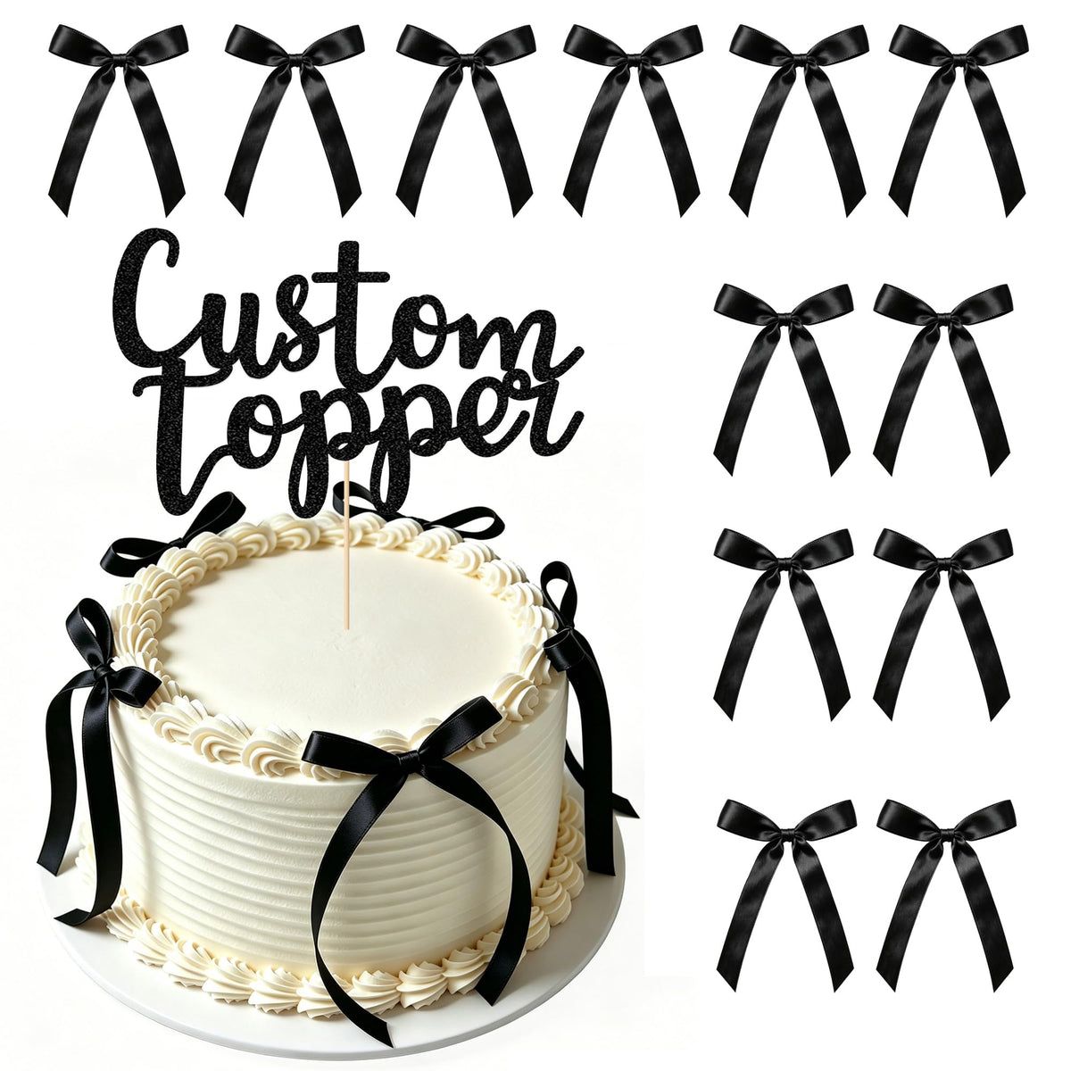 EDSG 30 Pack Bows Custom Cake Topper, Personalized Double Sided Glitter Cake Topper with Any Text Numbers, 11 Colours for Birthday Wedding Anniversary Graduation Baby Shower (with 30 Pcs Black Bow)