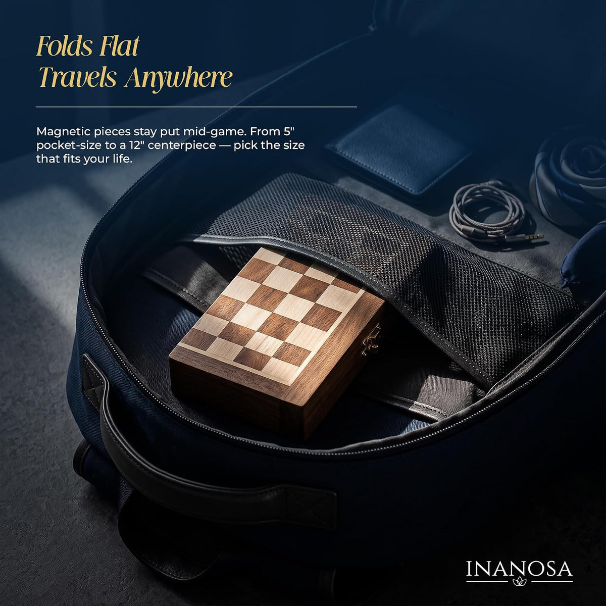 Magnetic Wooden Chess Set — 7 Inch Travel Folding Chess Board with Staunton Pieces & 2 Extra Queens — Handcrafted Acacia Wood — Travel Edition