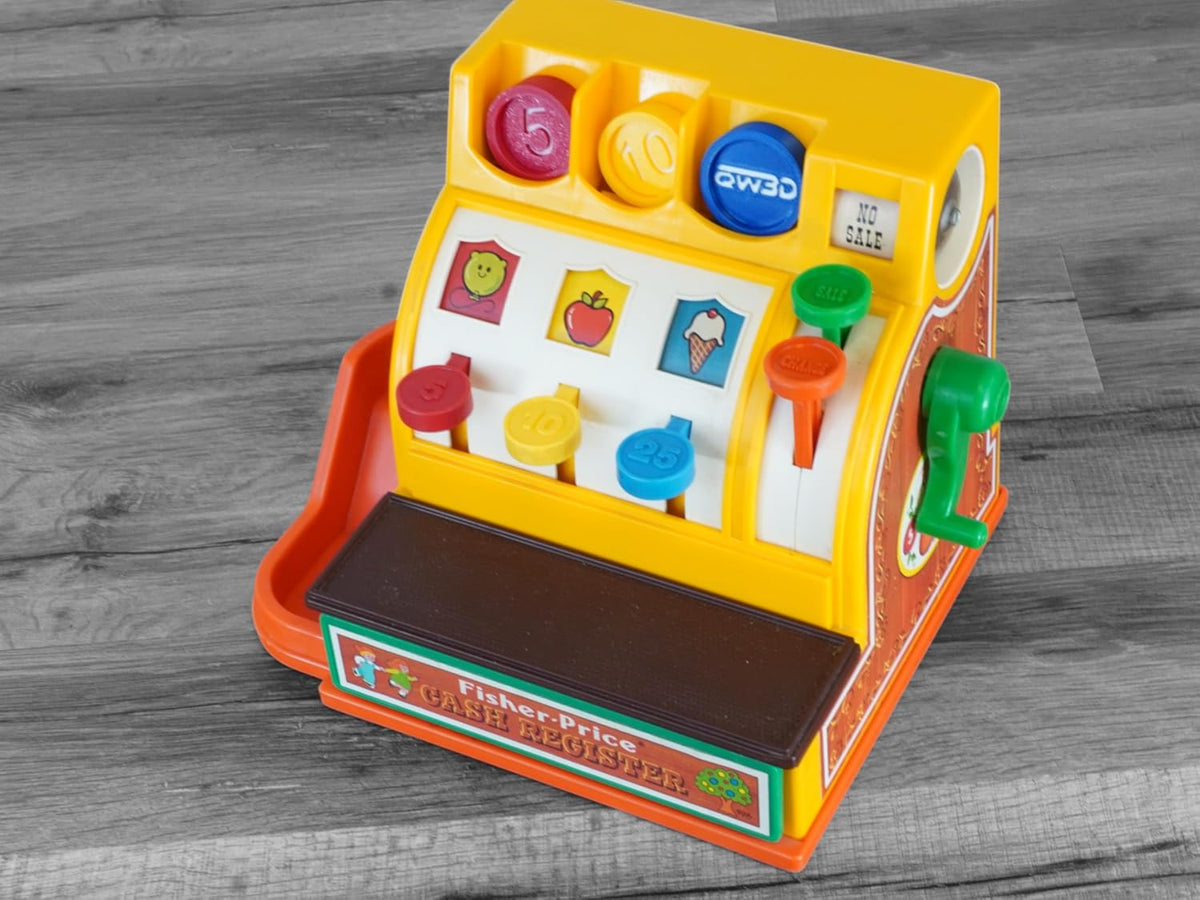 Cash Register Replacement Coins – Made with Eco Friendly Plastic, in The USA – Compatible with Fisher Price Register (Vintage Sets : Red#5|Yellow#10|Blue#25)
