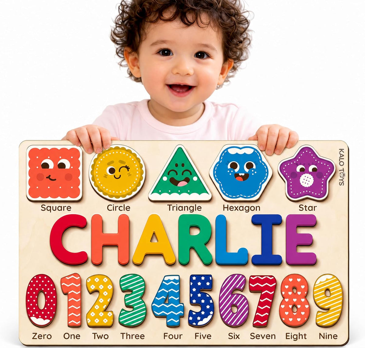 Personalized Name Puzzle for Toddlers 1-3 with Shapes & Numbers 0-9, Custom Wooden 3-in-1 Baby Name Puzzle for Boys and Girls, 1st Birthday, Montessori Learning Toy, CPC Certified