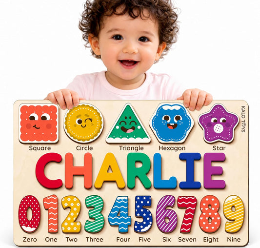 Personalized Name Puzzle for Toddlers 1-3 with Shapes & Numbers 0-9, Custom Wooden 3-in-1 Baby Name Puzzle for Boys and Girls, 1st Birthday, Montessori Learning Toy, CPC Certified