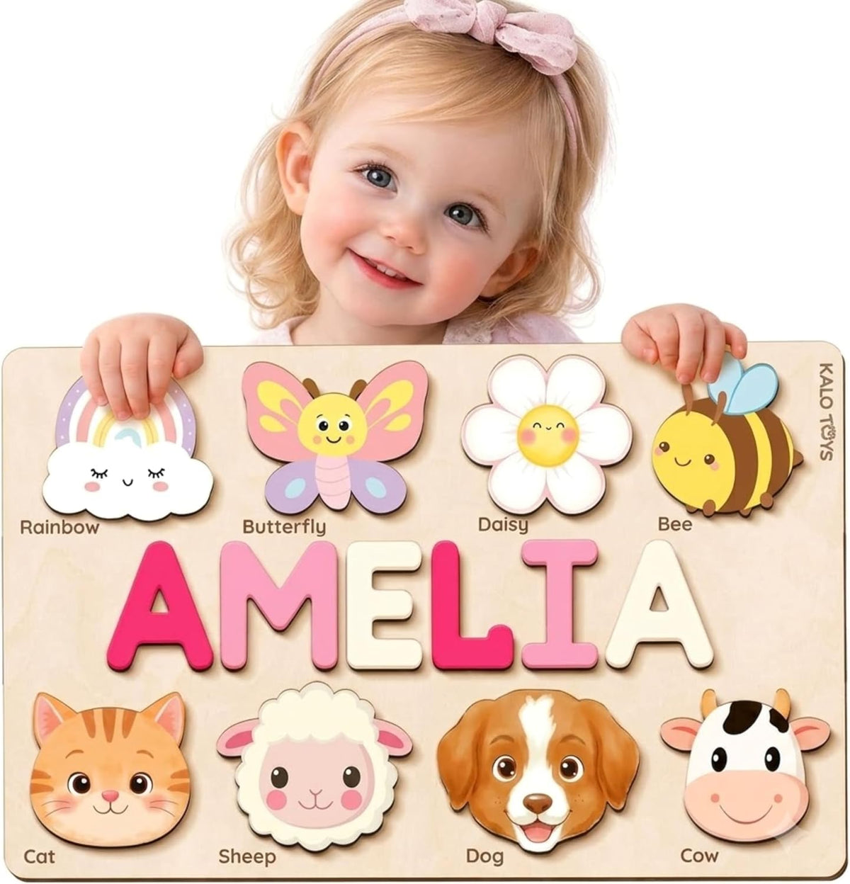 KALOTOYS Personalized Name Puzzle for Toddlers 1-3 | Custom Wooden Animal & Vehicle Puzzle for Boys & Girls | Handmade Montessori Toy, Keepsake & Perfect 1st Birthday Gift, CPC Certified